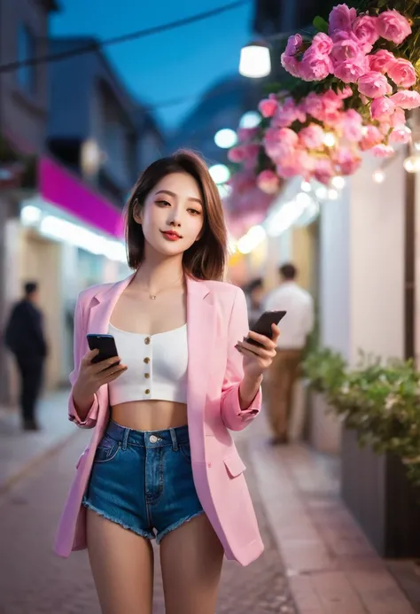 Beautiful woman, street at night with lights, fiddling with smartphone, hot pants, fragrant pink flowers, passers-by, gradation of night scene, fine details, subtle tones, tranquility floating on the screen.  