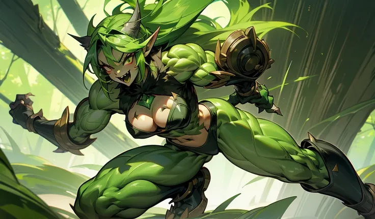 Green hair, Green skin, Pointed ears,，Fangs， female orc，muscle，muscle，Bare waist，animal skin top，cleavage，animal skin briefs，Bare Legs，forest