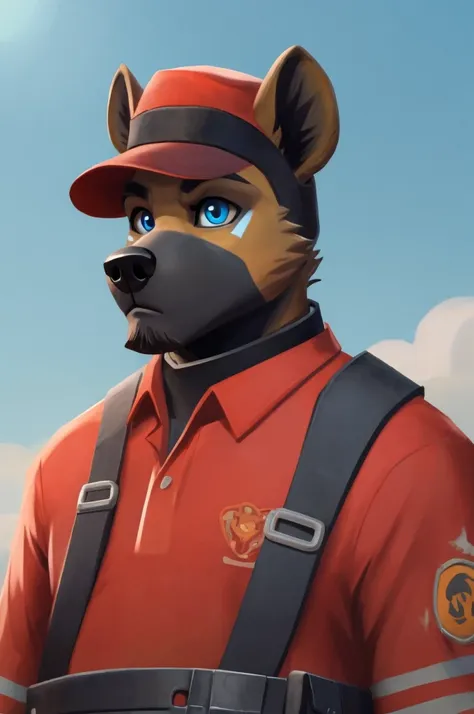 handsome, hyena, scruffy fringe, navy blue collar, blue eyes, good eyes, team fortress 2 style, dressed as pyro form team fortre...