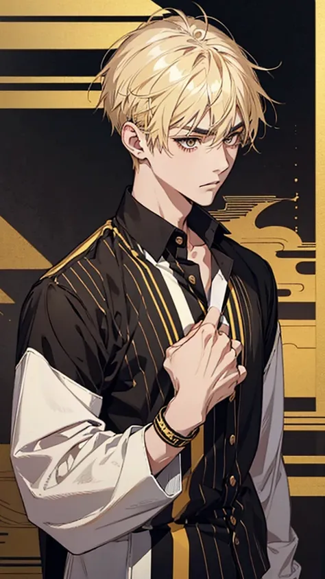 Man, Japanese, 20 years old, short hair, blonde hair, dark eyes, black eyebrows, thin eyebrows, gold ear cuffs, yellow and black striped shirt, casual clothing, black wristband, looking towards the camera, hands down, upper body