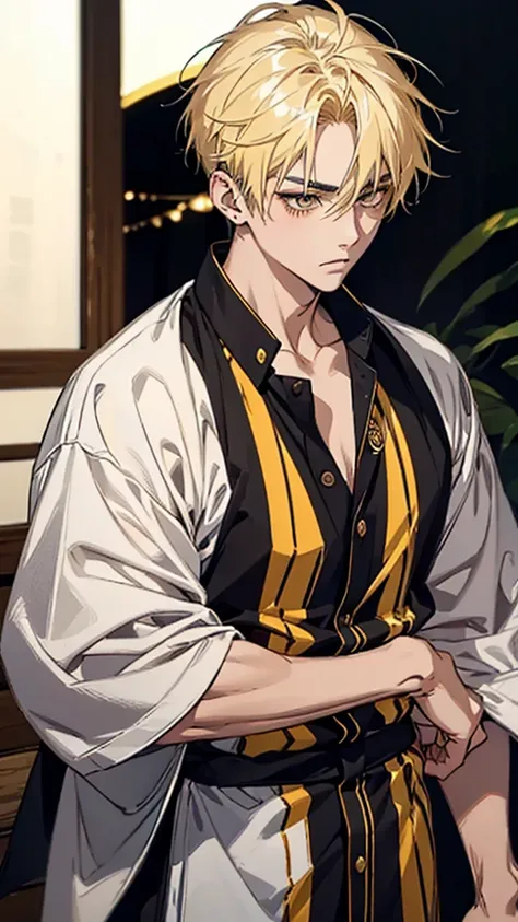 Man, Japanese, 20 years old, short hair, blonde hair, dark eyes, black eyebrows, thin eyebrows, gold ear cuffs, yellow and black striped shirt, casual clothing, black wristband, looking towards the camera, hands down, upper body