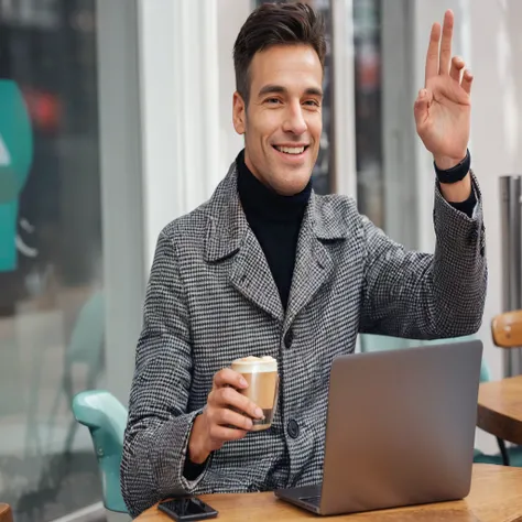 smiling man in a coat sitting at a table with a laptop and a cup of coffee, Attractive man drinking coffee, wear a turtleneck and jacket, enjoying coffee in a coffee shop, An inarticulate man with a raised hand, very professional, A young man of medium len...