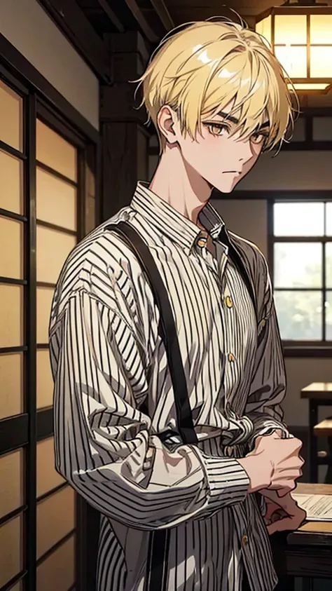 Man, Japanese, 20 years old, short hair, blonde hair, dark eyes, black eyebrows, thin eyebrows, indoors, yellow and black striped shirt, casual clothing, facing forward, hands down, upper body