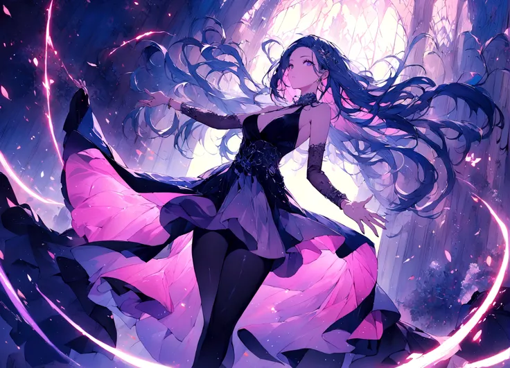 In a world filled with vibrant colors and intricate details, a graceful 2D anime-style woman moves elegantly in her modern room to the hypnotic beats of electronic dance music. She exudes a sense of beauty and grace, her modern outfit accentuating her flui...