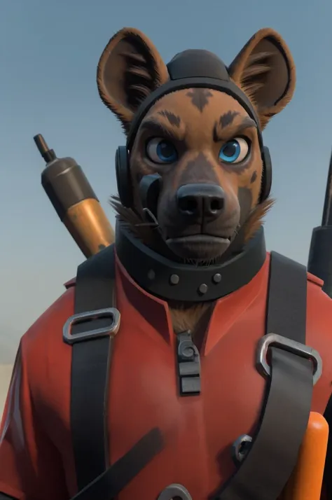 handsome, hyena, scruffy fringe, collar, blue eyes, good eyes, team fortress 2 style, dressed as pyro form team fortress 2