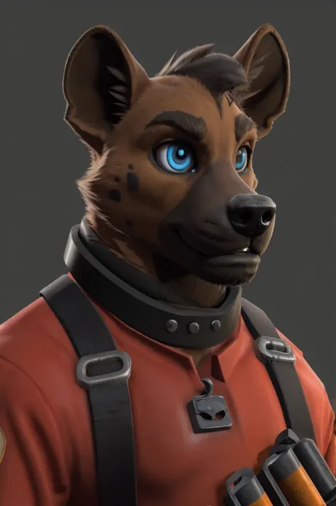 handsome, hyena, scruffy fringe, collar, blue eyes, good eyes, team fortress 2 style, dressed as pyro form team fortress 2