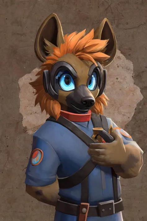 hyena, scruffy fringe, navy blue collar, blue eyes, good eyes, team fortress 2 style, dressed as pyro form team fortress 2