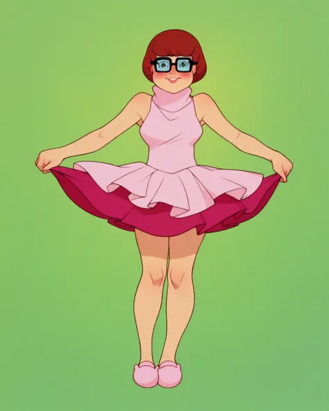 velmaxl, pink tutu dress, pink sleeveless top, white panties, shy, blushing cheeks, standing, posing, pink slippers, upskirt, so...