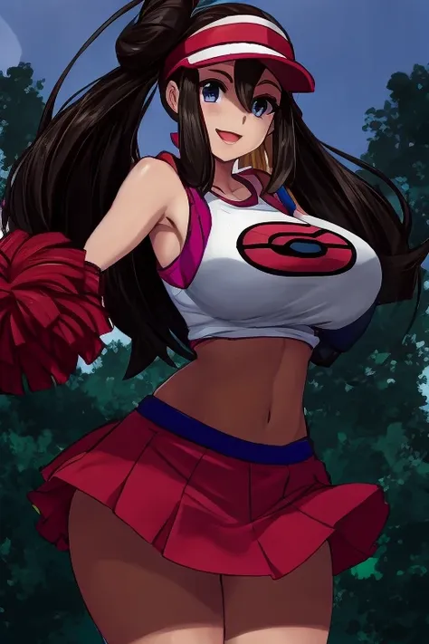 (Pokemon Rosa:1.3), beautiful,masterpiece, (smir),((gigantic breasts)),smile,best quality, (cheerleader top), (cheerleader skirt), outdoors,sunny,(1girl:1.3), wide hips, loose top, teen girl, hyper realistic, bending forward, partially breasts, boob window...