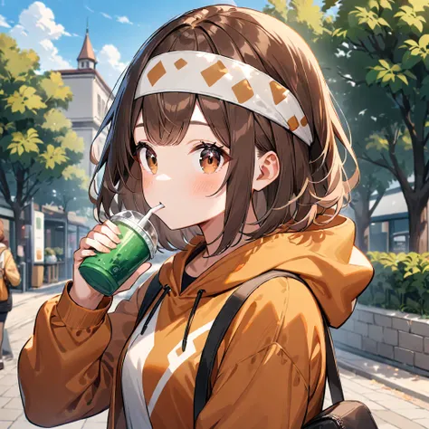 1girl, solo, brown hair, brown eyes, hood, drinking, cup, looking at viewer, drinking straw, outdoors, holding, disposable cup, headband, upper body, ((medium quality)), ((medium quality))