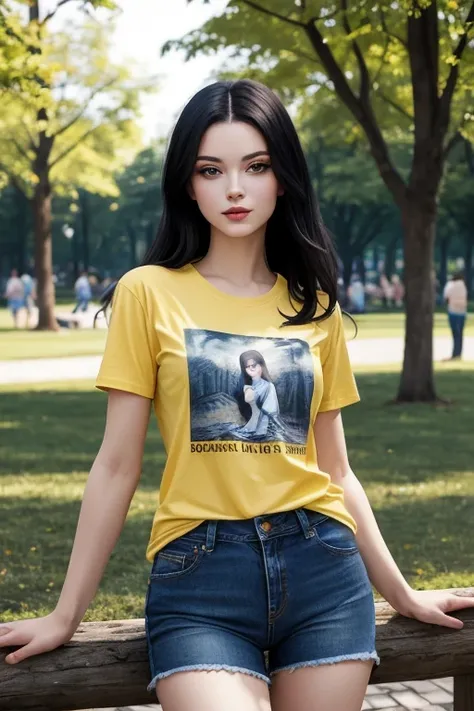 ((best quality)), ((masterpiece)), (detailed), Beautiful black haired russian woman, wearing short sleeves yellow printed t-shirt  and blue jeans , in park