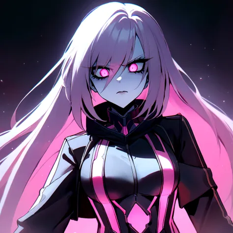 make me a female, 20 years old, white skin, white very long hair, shes looking evil, bright pink cat eyes, cyber clothes, black outfit, coat and hood, pink superpowers