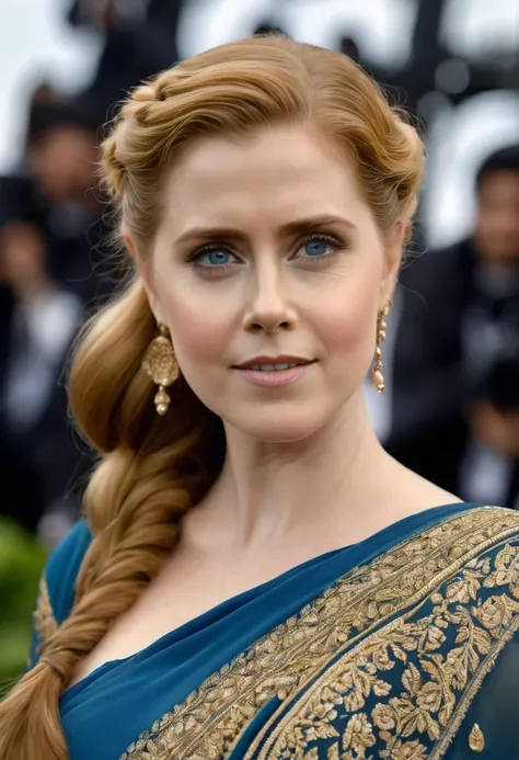 close up photo of 27 years old Amy Adams, swooping breasts, deep cleavage, look at camera, blue saree, French braid hair, 8K, UHD