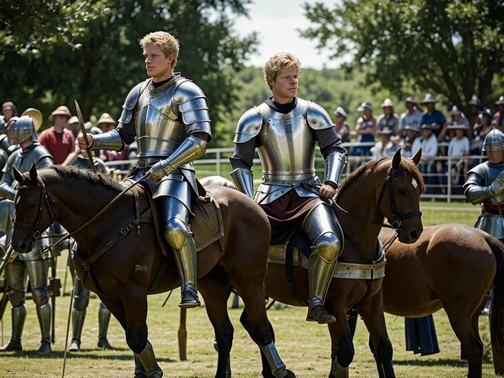 christopher egan as a handsome medieval knight, 23 years old, in armor without a helmet. he holds a spear in his hand, sits on a...