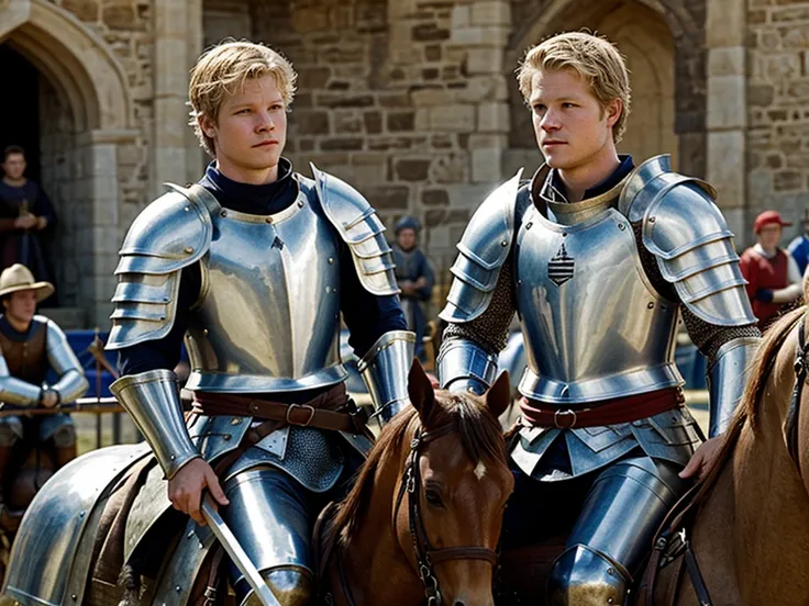 christopher egan as a handsome medieval knight, 23 years old, in armor without a helmet. he holds a spear in his hand, sits on a...