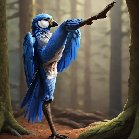 martlet, avian, blue body, winged arms, beak, anthro, blue feathers, bird, nude, bird legs, cloaca, nude, 1 leg up, show pussy, ...