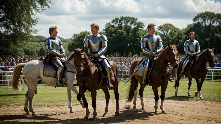 christopher egan as a handsome medieval knight, 23 years old, in armor without a helmet. he holds a spear in his hand, sits on a...