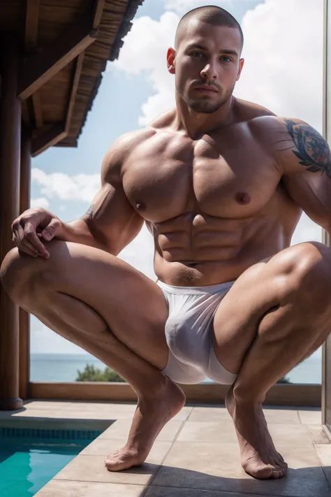 Manly，Gay，vast pecs，Abs，Naked upper body，Tong, See-through,, pool-side, Dynamic pose, Bulge, Muscular, (Tattooed with)，Squat，Feet，Realistic, Masterpiece, Intricate details, Detailed background, Depth of field, Photo of a handsome man,(buzz cut),（（（The crot...