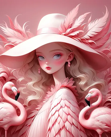 a blonde girl wearing a white hat made of flamingo feathers，the background is pink，with pink hue, hugh kretschmer (hugh kretschm...