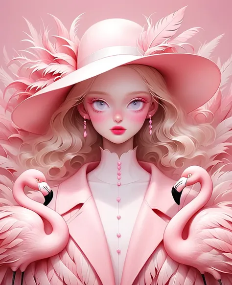 a blonde girl wearing a white hat made of flamingo feathers，the background is pink，with pink hue, hugh kretschmer (hugh kretschm...