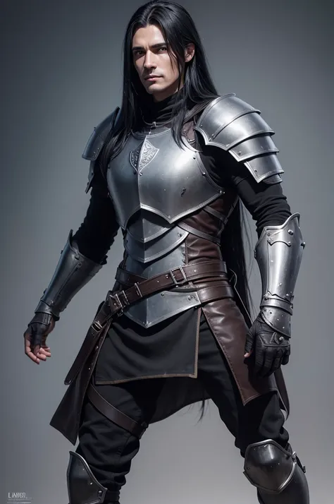 A human paladin with leather armor for my rpg, long black hair, real, realistic, 4K