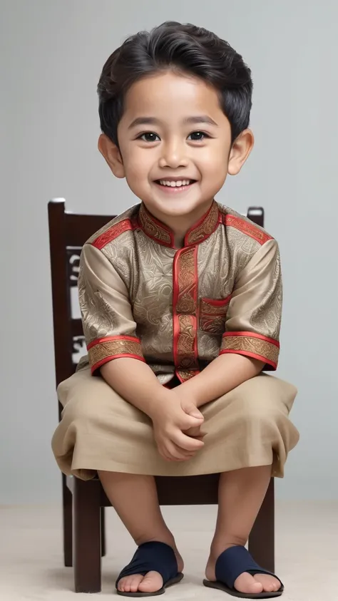 Create a caricature 4D hyperrealistic full body with a big head, A boy, 7 year old , oval face, smiling, curly hair, wearing traditional Central Javanese clothes, sitting on a chair, both thumbs towards the camera, masterpiece, UHD, photo studio lighting