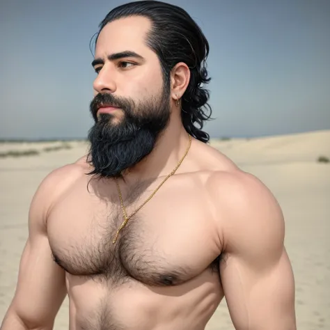 Portrait of a young man, Muscular very handsome and attractive Arabian warrior, in front of a sandy desert, outlined beard, hairy body, rich colorful and golden jewelry, foreground, real pose and attitude.