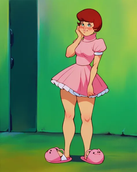 velmaxl, pink tutu dress, pink sleeveless top, white panties, shy, blushing cheeks, standing, posing, pink slippers, upskirt, so...