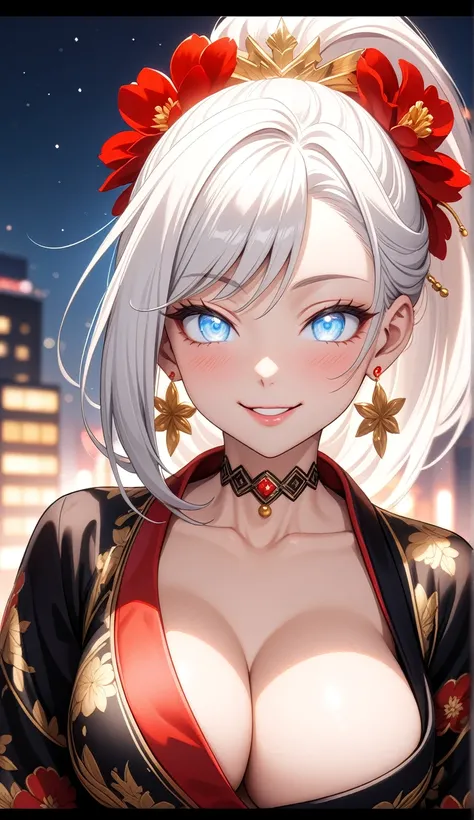 ((One personの女性)), Beautiful Face, (Laughing embarrassedly), (seductive smile:1.4), ((Wink:1.9)), (head tilt:1.3), Laugh with your mouth wide open, upper teeth, looking down at viewer, ((Bright red cheeks:1.4)),Glossy Red Lips,rooftop, firework, Glossy red...