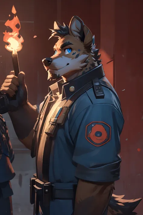 hyena, scruffy fringe, navy blue collar, blue eyes, good eyes, team fortress 2 style, dressed as pyro form team fortress 2