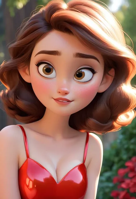 (disney pixar style:1.2) (cute adorable girl:1.1) (adult aged 20:1.15), white, hazel eyes, wearing a modern shiny red dress, big...