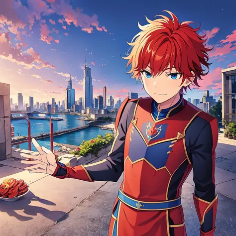 a boy, Red hair, blue colored eyes, red knight armor, heavy armor, posture would be, city in the background, No hero, 15year old, natta, closed sky, chest armor, focus from the waist up, avoid hands in the image, No hands, heroic smile.