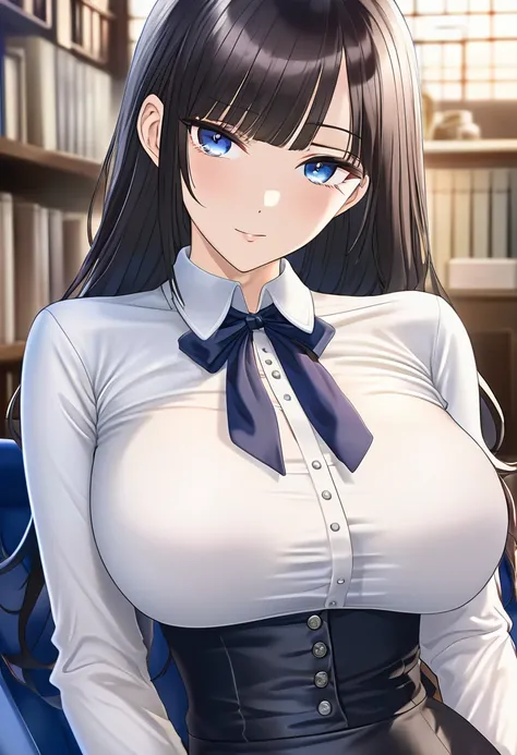 masterpiece, Highest quality, Highest quality　Japanese Face　whole body　A fitted, shiny white shirt made of satin　Buttoned collar　Big Breasts　beautiful girl　Tight Skirt　Less exposed skin　Blue and dark interior