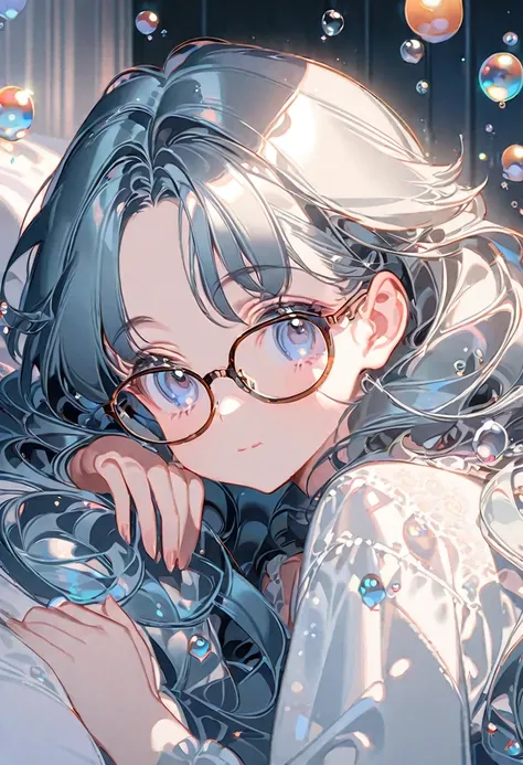 anime girl leaning on bed with bubbles and bubbles in the background, anime moe artstyle, cute anime girl, anime visual of a cute girl, detailed digital anime art, splash art anime , extremely detailed artgerm, kawacy, cute art style, with glasses, cute an...