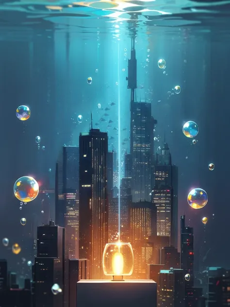 ((City)) (underwater) (floating bubbles) (night) ((light shining in)) (Fantastic) 