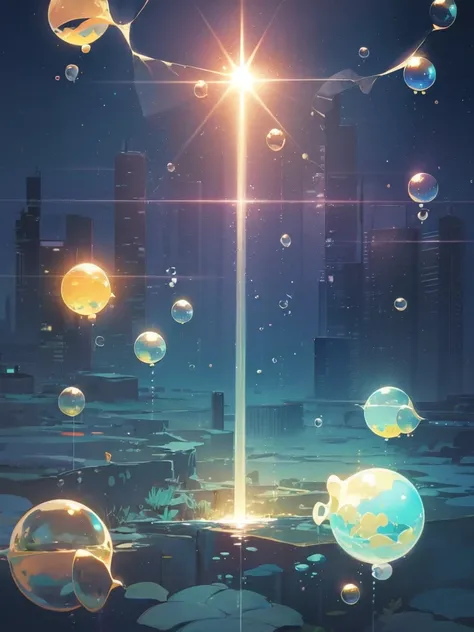 ((City)) (underwater) (floating bubbles) (night) ((light shining in)) (Fantastic) 