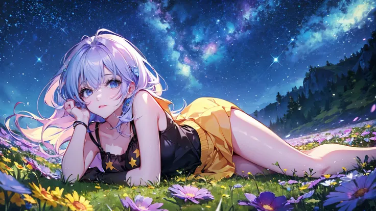 Describe a scene where a cute girl character is lying on a grassy hill, Looking up at the starry sky. Surround her with colorful nebulae and her favorite constellations.