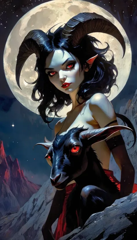 a black goat with red eyes, a sinister and sexy black haired girl, a dark mountain, stars in the background, art inspired by Bill Sienkiewicz, (best quality,4k,8k,highres,masterpiece:1.2),ultra-detailed,(realistic,photorealistic,photo-realistic:1.37),dark ...