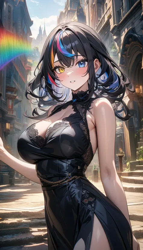 ((masterpiece, best quality)), very aesthetic, ultra detailed, intricate details, highly detailed, UHD, HDR, 8K, perfect face, 1girl, long black hair, streaked rainbow hair, black dress, large breasts, blue eyes, yellow eyes, heterochromia, (newest anime a...