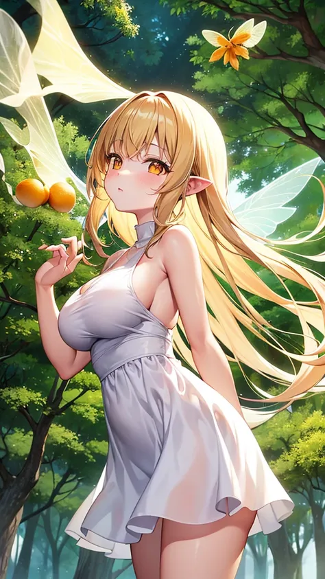 Showing the whole body, cute, baby face, big breasts, flying in the sky, in the forest, simple white dress, long hair, alone, short, fairy wings, honey blonde hair, lemon tree, orange eyes 