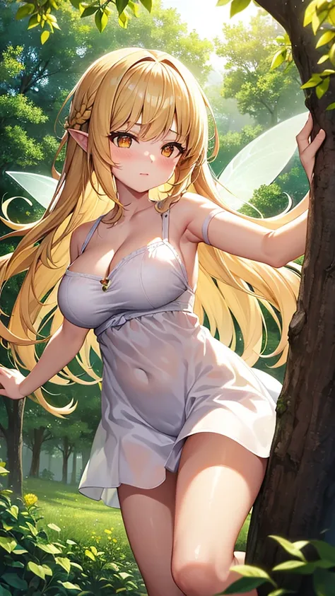 Showing the whole body, cute, baby face, big breasts, flying in the sky, in the forest, simple white dress, long hair, alone, short, fairy wings, honey blonde hair, lemon tree, orange eyes 