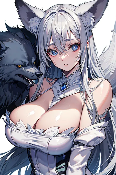 best qualtiy，tmasterpiece，The is very detailed，4K，Gray hair and shallow eyes，Drag cool expressions，Wolf ears，Erect scar on the left eye，British style，1girl，Absolutely beautiful, huge breasts, white costume, ear ribbon