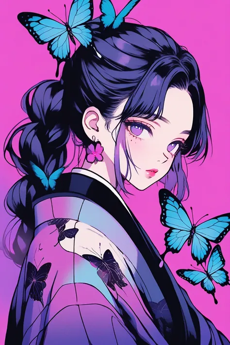 (Highest quality, sketch:1.2),Realistic,Illustrator,anime,1 Girl, Detailed lips,sweater,custom,Pink gradient background,Neon Hair,Texture Cropping,masterpiece, Style: Retro Classic, Dark Black、Braid、Under the Moon、black and purple hair、Beautiful Book、Blue ...