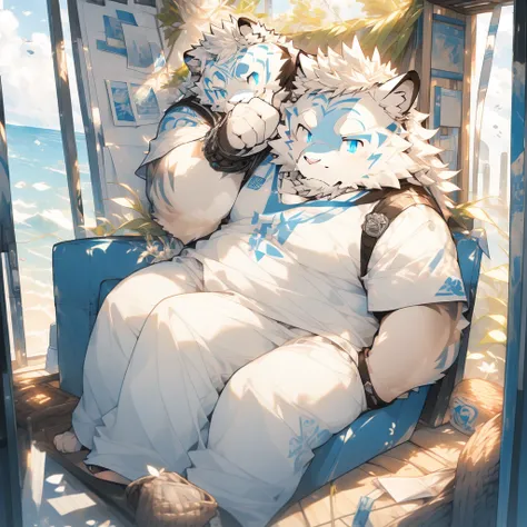 ((masterpiece)), ((best quality)), (ultra-detailed), Furry, 1 Male, White wolf, Blue eye, White tank top and Black trunks, Sad-looking face, Sit with ones back to the wall, Darkened room, fine line drawing, fine detail,