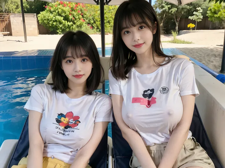 (masterpiece, realistic, photo-realistic:1.2), finely detail, ultra high res, perfect anatomy, best quality, 8K, soft focus, (happy smile:1.2), (2girls side by side, 16yo Japanese short girls, nsfw, T-shirt, short pants:1.2), upper body shot, focus on brea...