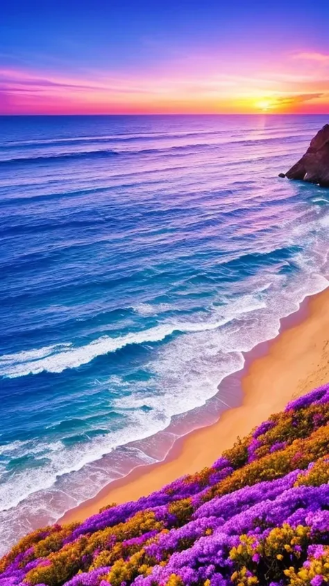 a purple and blue sunset over the ocean with waves, beautiful vibrant colors, beautiful colors, stunning colors, gorgeous colors, magical colours and atmosphere, breathtaking colors, amazing colors, magical colors and atmosphere, beautiful colours, vividly...