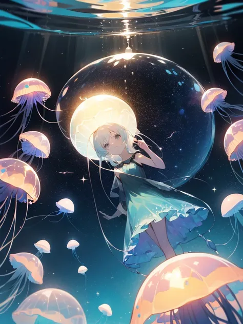 ((inside a big glass ball))(underwater) (floating bubbles) Under the sea ((fantastic starry sky )) (jellyfish) （Healing）((little))  (transparent black dress）