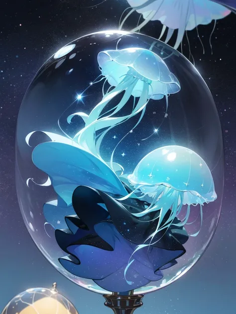 ((inside a big glass ball))(underwater) (floating bubbles) Under the sea ((fantastic starry sky )) (jellyfish) （Healing）((little))  (transparent black dress）