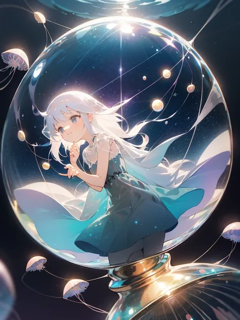 ((inside a big glass ball))(underwater) (floating bubbles) Under the sea ((fantastic starry sky )) (jellyfish) （Healing）((little))  (transparent black dress）