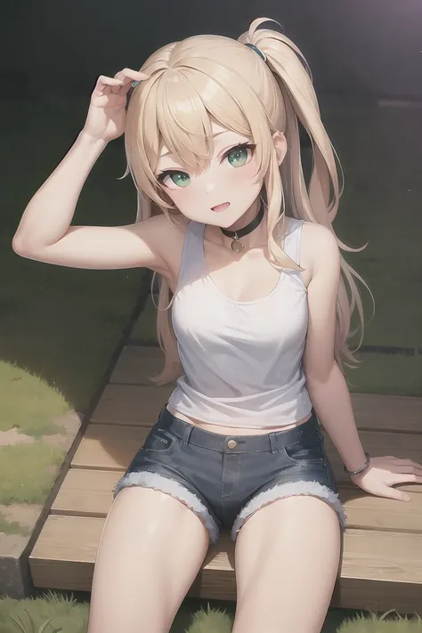 masterpiece, Highest quality, Perfect lighting, Facial lighting, Blonde, choker, Green Eyes, Long Hair, White tank top, Denim shorts, Japanese ,blush, have, BREAK Watch Viewers, Outdoor rest, Sexy pose, Dog Pose,